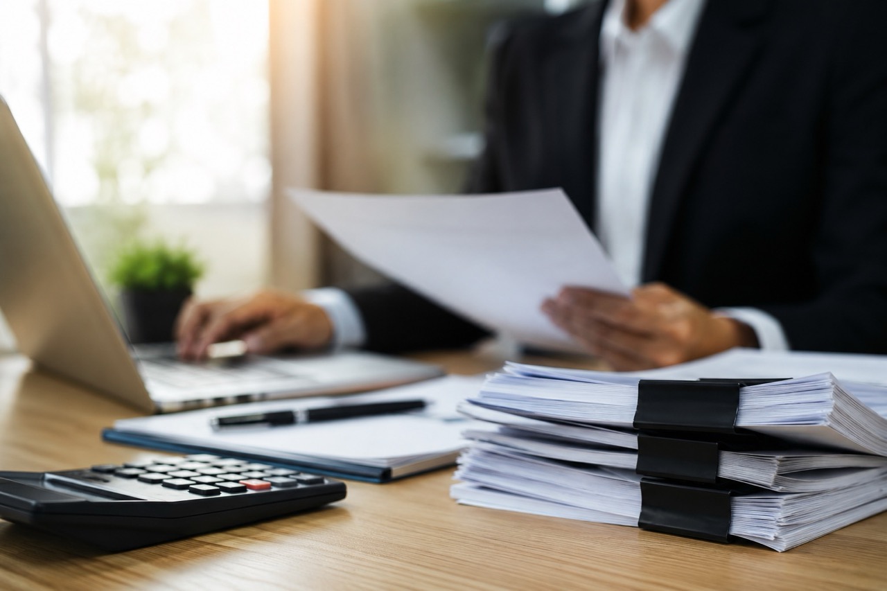 Person managing documents and calculator